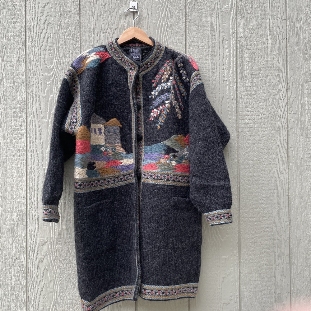 VTG Dobrila Sirogojno Wool Scenic Embroidered Village Cardigan Large HandKnit